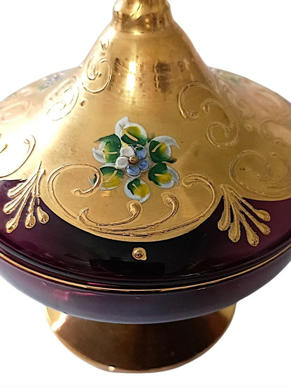 Vtg Amethyst Glass Trinket Dish Pedestal Finial Lid Vanity Gold Gilt Candy Jar